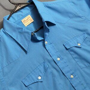 Wrangler VTG Shirt Men's 17x34 Blue Long Tails Permanent Press Made In USA 60s